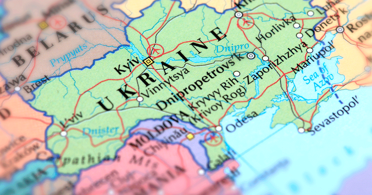 A physical map of Eastern Europe.