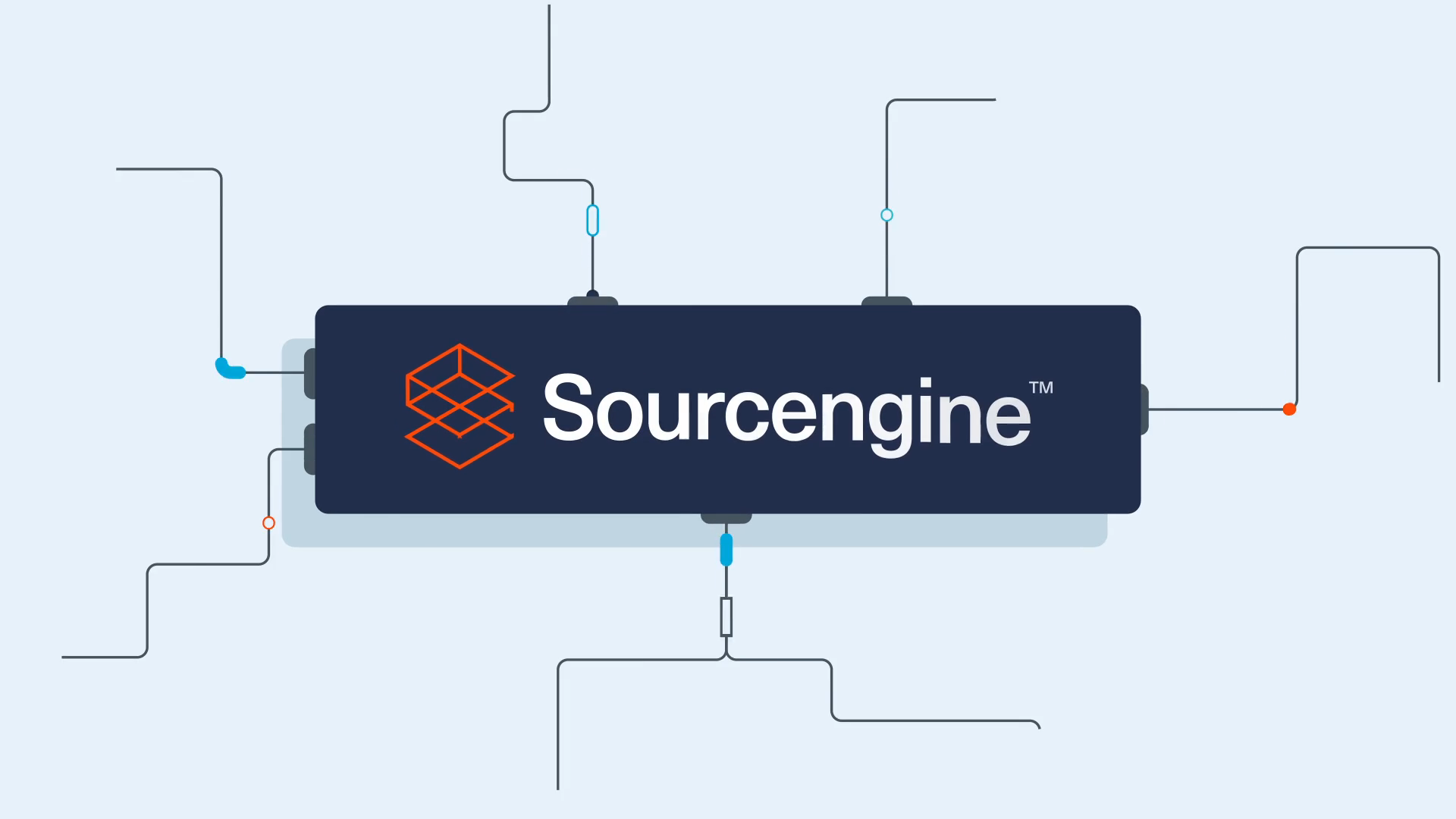 An image of the Sourcengine logo with a series of printed circuit transmission lines emanating from it. 