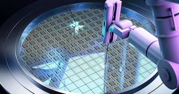 A robotic arm works on a silicon wafer as part of the manufacturing process.