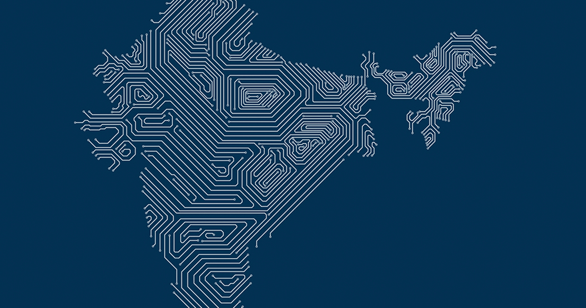 A stylized image of India as a printed circuit board