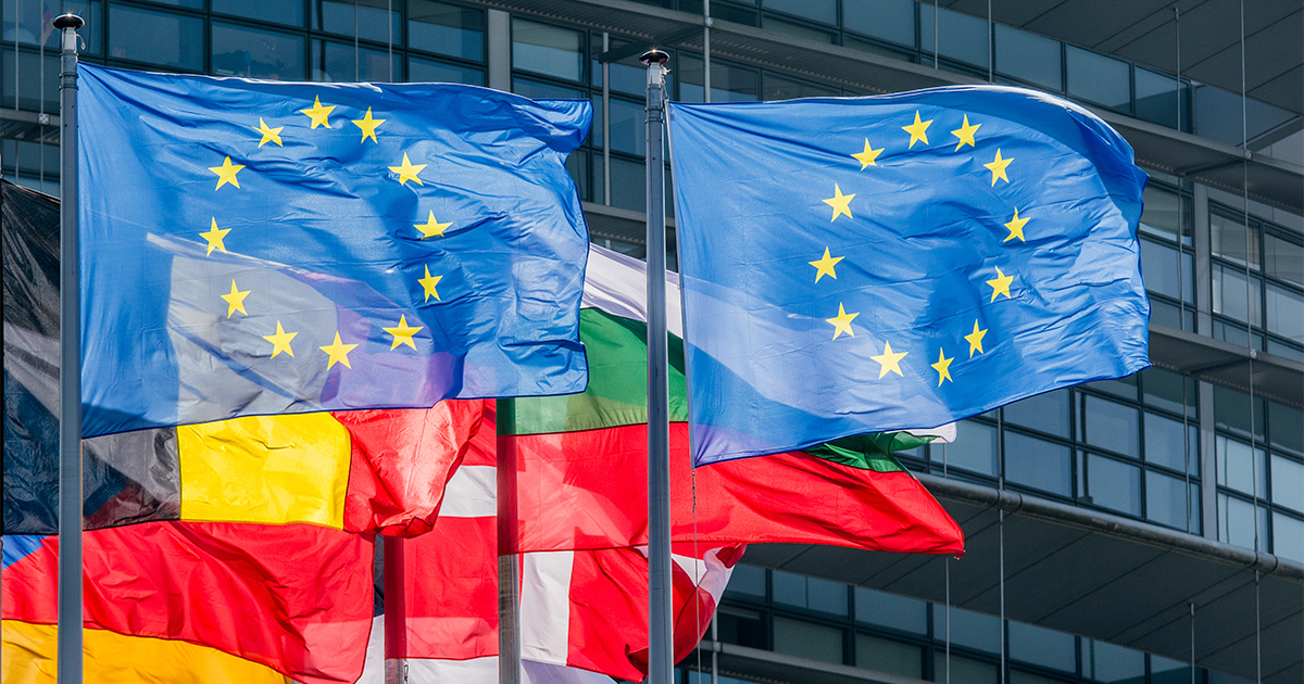 European Union flags waving in the wind