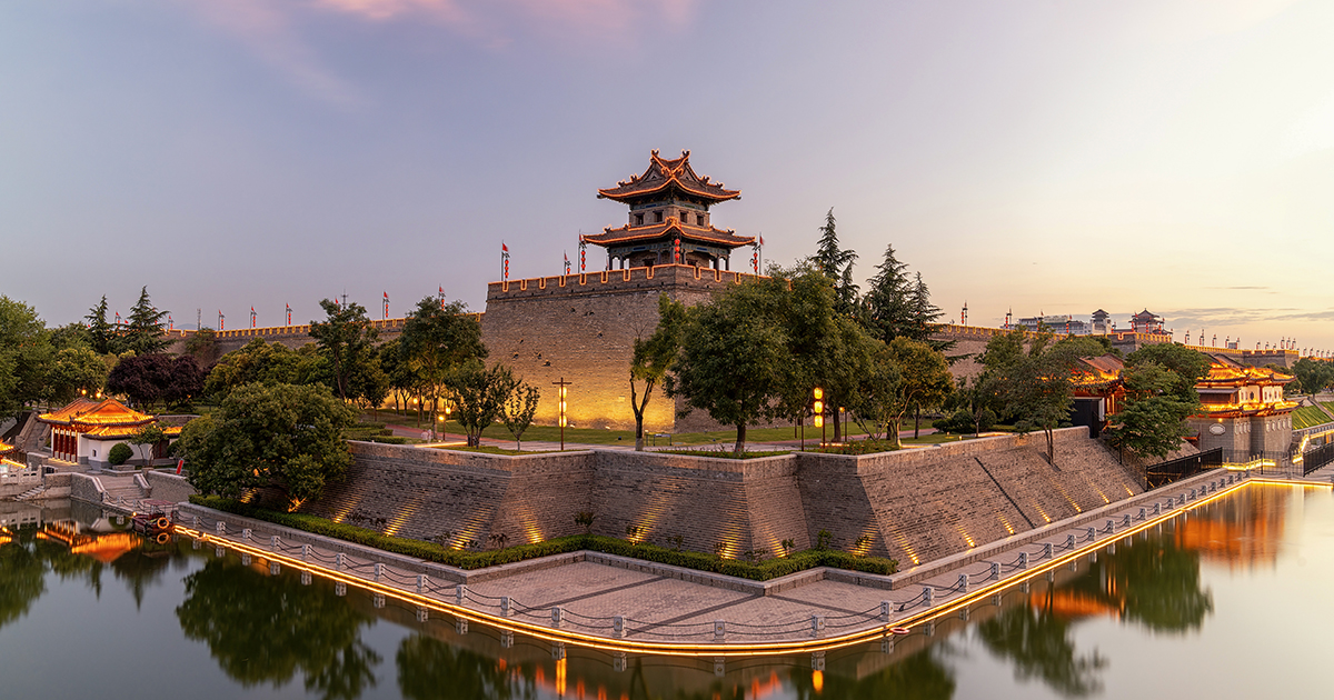 A park in Xi'an, China at dusk