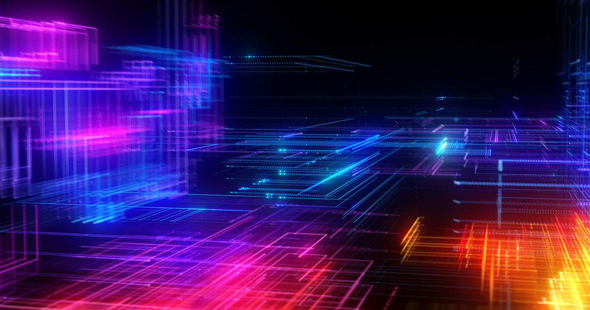 An illustration of digital lines and shapes with dark coloring