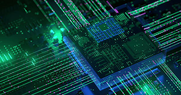 An illustration representing a digital chip and circuit board 