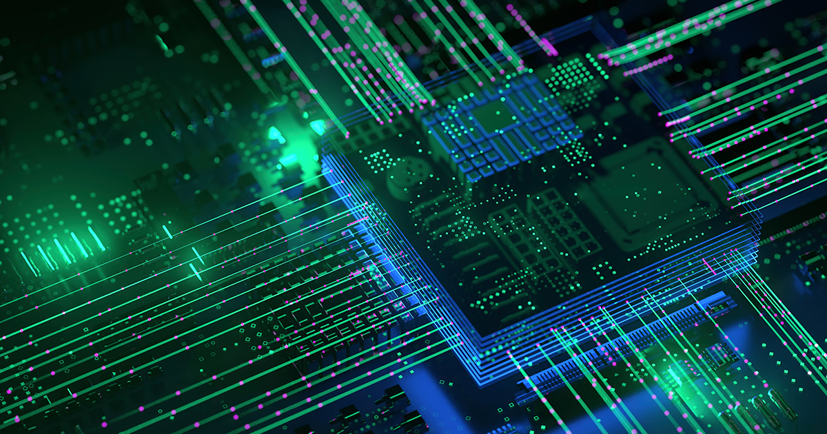 An illustration representing a digital chip and circuit board 