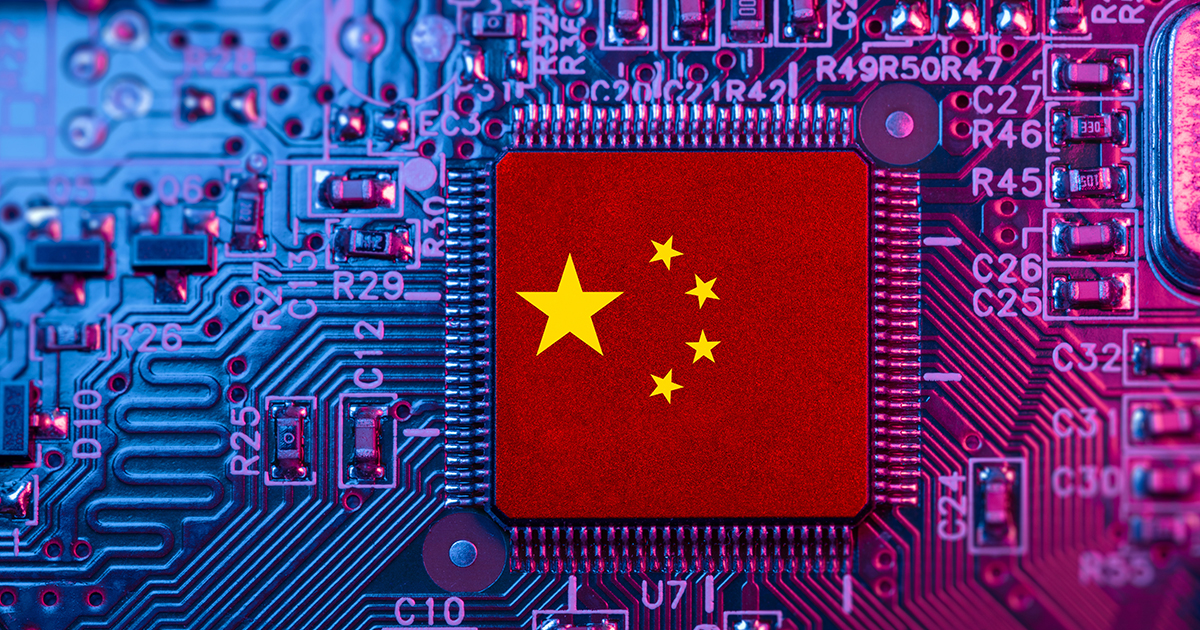 A graphic of a chip overlayed with China's flag