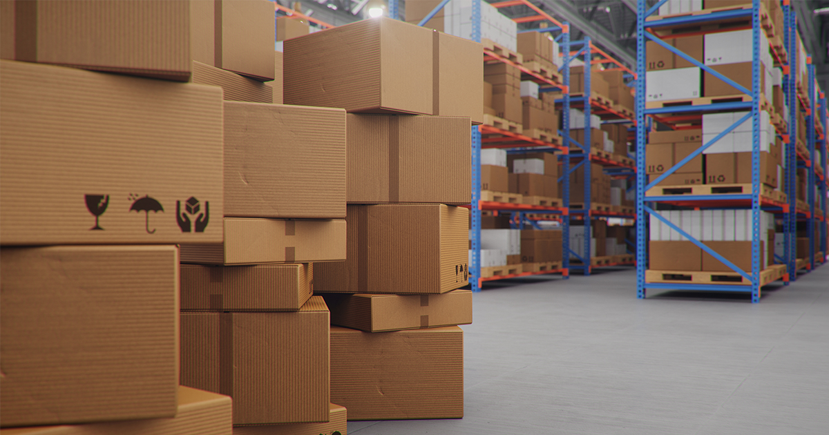 Image of boxes stacked in a warehouse 