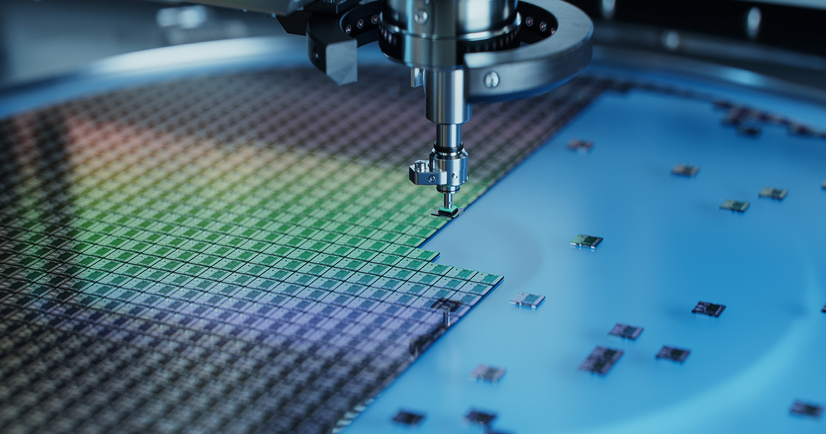 An image of semiconductor manufacturing equipment printing on a silicon wafer