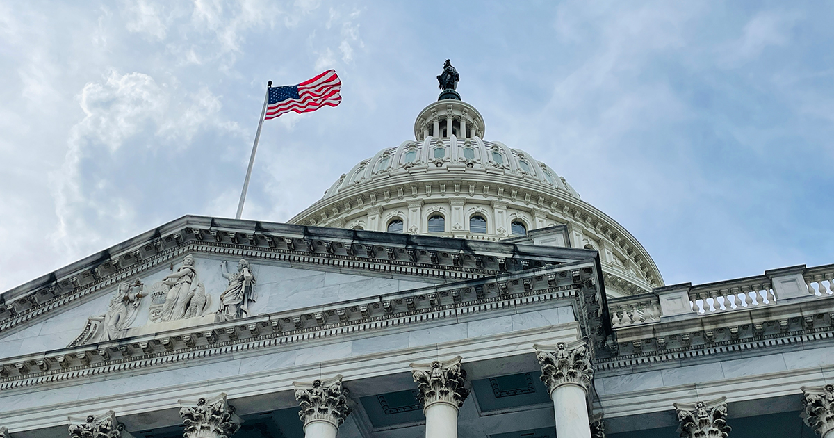 An image of the U.S. House of Congress and the U.S. flag